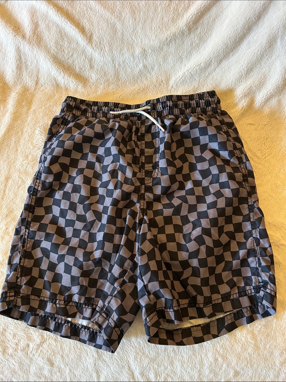 Old Navy Black and Gray Wavy Checkerboard Kids Swim Trunks